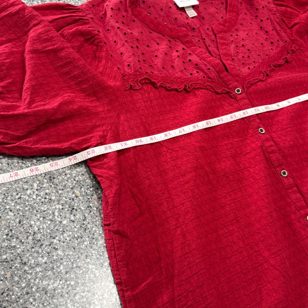 Knox Rose Red Eyelet Lace Yoke Button Front Gauze Blouse XXL Short Sleeve Boho - Picture 6 of 7